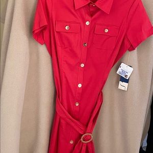 Red button down dress with a belt